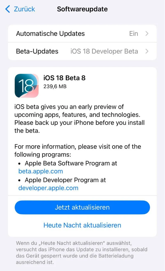 石楼苹果手机维修分享苹果 iOS / iPadOS 18 开发者预览版 Beta 8 发布 